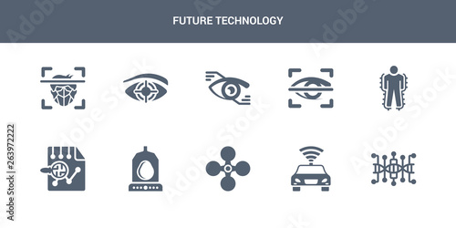 10 future technology vector icons such as dna structure, driverless autonomous car, drone, egg incubator, evaluation contains exoskeleton, eye scan, eye tap, eye tracking, face recognition. future