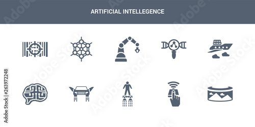 10 artificial intellegence vector icons such as field of view, finger control, flyboard, flying car, future brain contains fyling vehicle, genetic modification, industrial robot, graphene, high