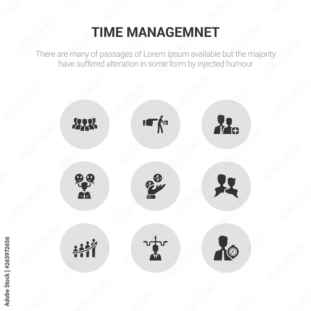 9 round vector icons such as deadline, decision making, develop, dialogue, earnings contains emotions, employee, fi, group. deadline, decision making, icon3_, gray time managemnet icons