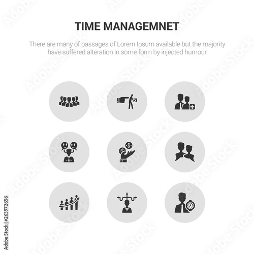 9 round vector icons such as deadline, decision making, develop, dialogue, earnings contains emotions, employee, fi, group. deadline, decision making, icon3_, gray time managemnet icons