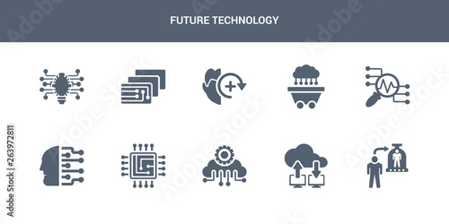 10 future technology vector icons such as cloning, cloud computing, cloud intelligence, cpu, cyborg contains data analysis, data mining, deformity, depth perception, difference engine. future