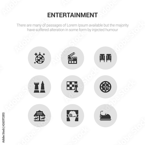 9 round vector icons such as bumper car, voice acting, carousel, casino, chess contains chess piece, cinema seat, clapboard, club. bumper car, voice acting, icon3_, gray entertainment icons