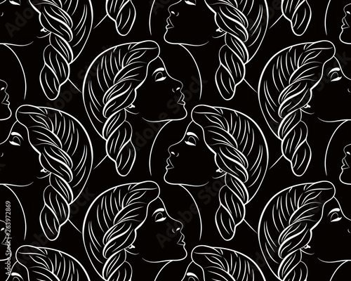 Seamless monochrome pattern. Graceful women's profiles on a black background. Vector illustration