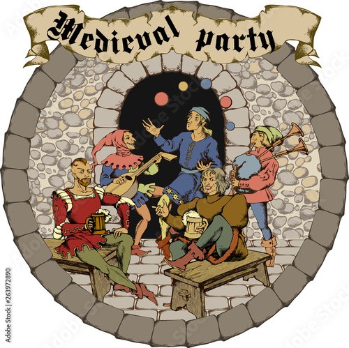 Medieval party. Engraved style. Vector illustration