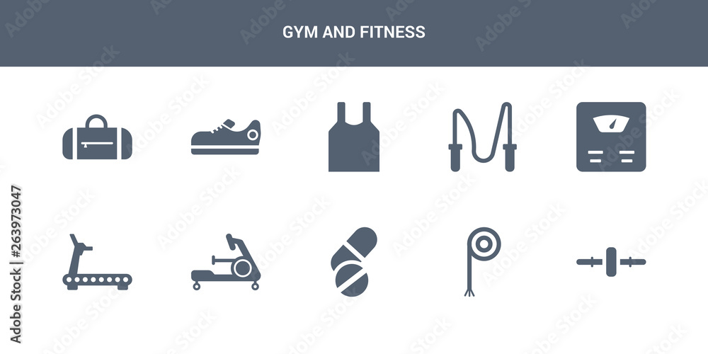 10 gym and fitness vector icons such as roller, rope, press simulator, rowing machine, running machine contains scale, skipping rope, sleeveless, sneakers, sport bag. gym and fitness icons 10 gym and fitness vector icons such as roller, rope, press simulator, rowing machine, running machine contains scale, skipping rope, sleeveless, sneakers, sport bag. gym and fitness icons