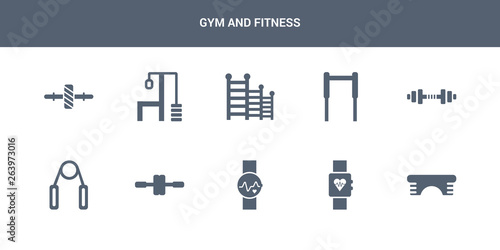 10 gym and fitness vector icons such as fitness step, fitness tracker, watch, wheel, grip contains gym, gym bars, ladder, station, gymnastic roller. and icons