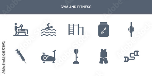 10 gym and fitness vector icons such as sport expander, sport wear, standing punching ball, stationary bike, steroids contains stretching punching ball, supplement, swedish wall, swim, trainer. gym