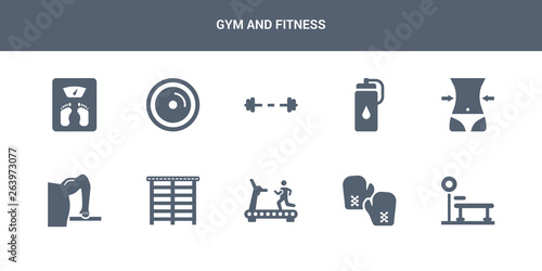 10 gym and fitness vector icons such as trainer rod, training gloves, treadmill, trellis, triceps bar contains waist, water bottle, weight bar, weight plates, weight scale. gym and fitness icons