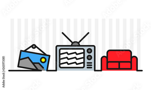 The living room objects combined with one line flat vector illustration.