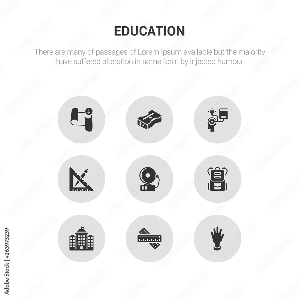 9 round vector icons such as raise hand, ruler, school, school bag, school bell contains material, self-learning, sharpener, sheet. raise hand, ruler, icon3_, gray education icons