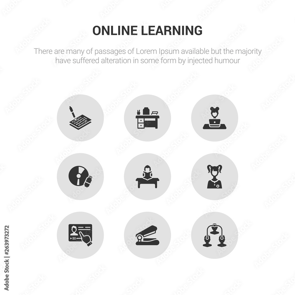 9 round vector icons such as sociology, stapler, streaming, student, study contains study tools, studying, teacher desk, test. sociology, stapler, icon3_, gray online learning icons