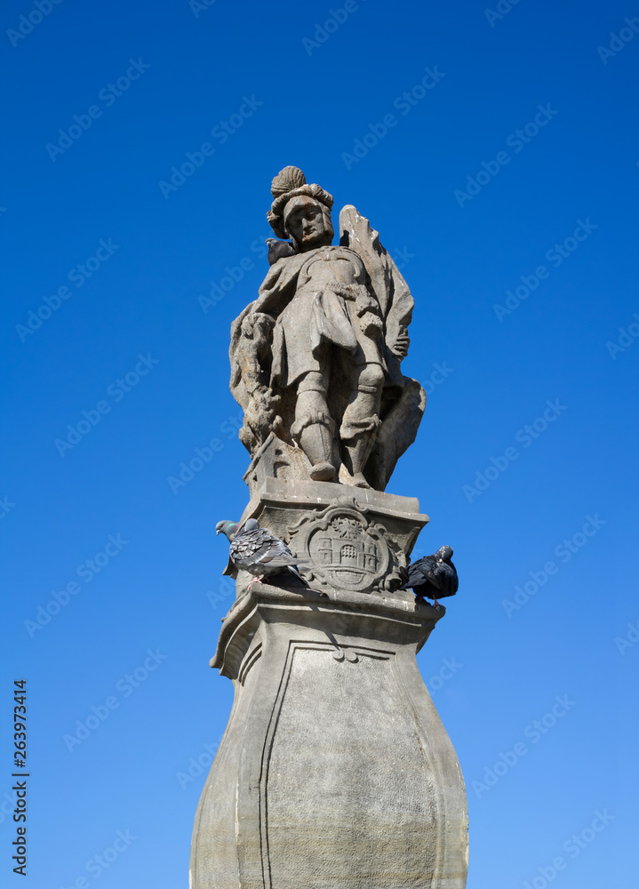 Statue of Saint Florian, Square ( Rynek ), Cieszyn, Poland, Silesia, Europe - historical sculpture of christian person made in baroque style. Pigeons are on monument. 