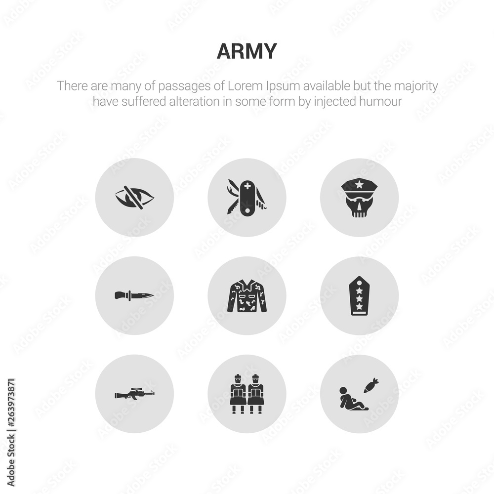 9 round vector icons such as civilian, terracotta, sniper rifle, shoulder strap, camouflage military clothing contains combat knife, skull army, swiss army knife, stealth. civilian, terracotta,