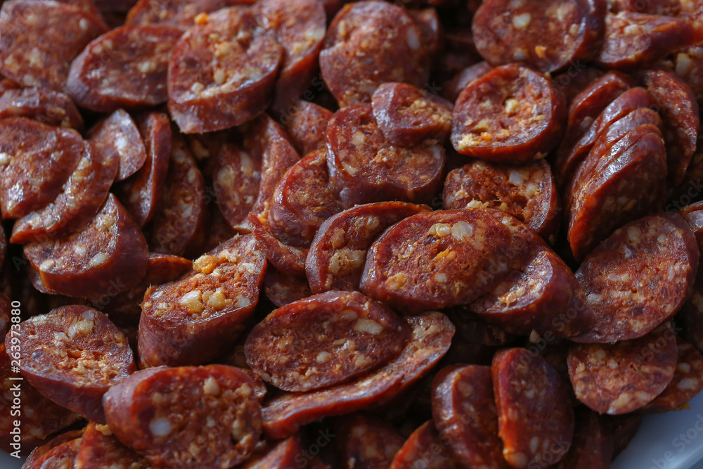 Close up of traditional homemade pork .sausage Close up of traditional homemade pork .sausage
