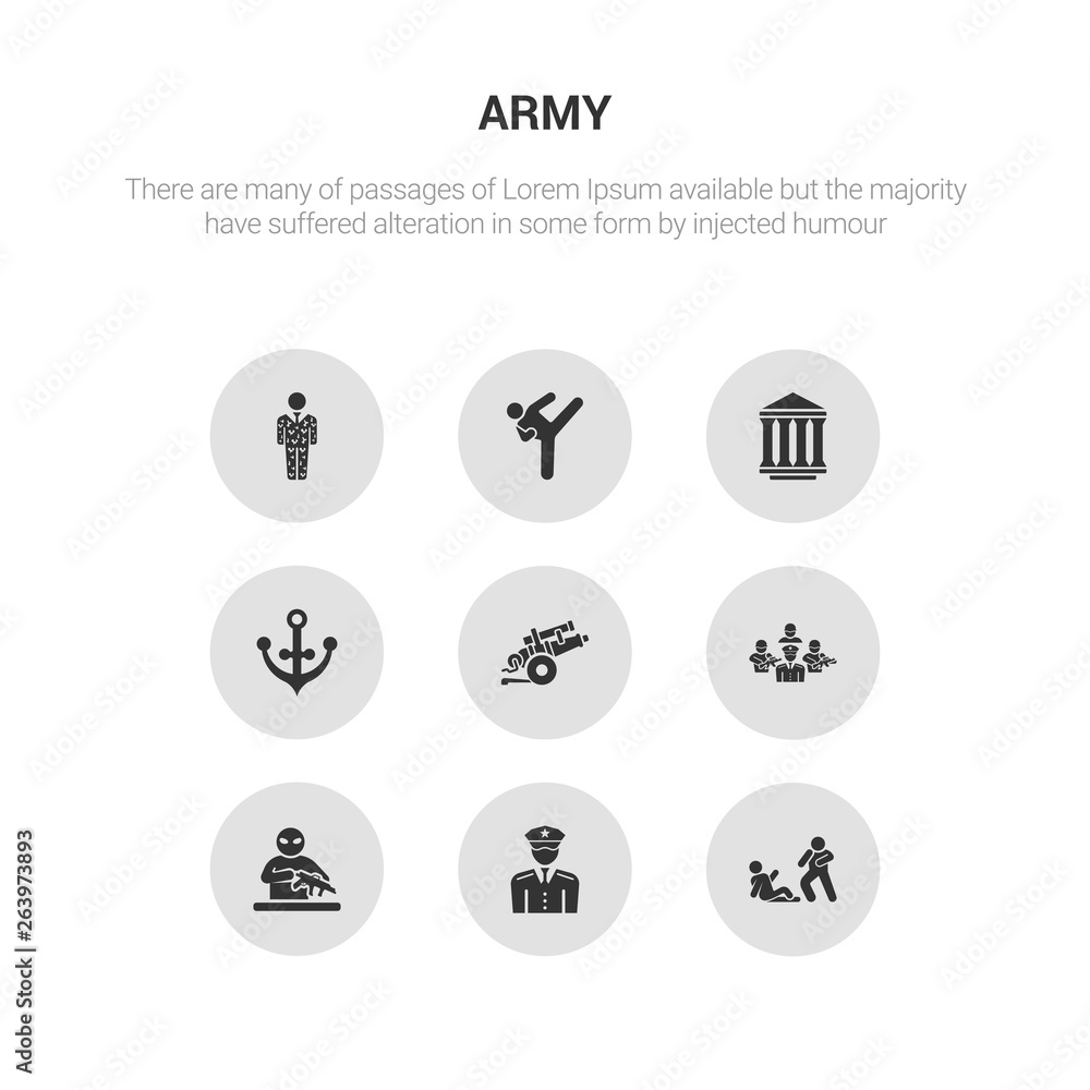 9 round vector icons such as assault, officer, guerrilla, brigade, artillery contains naval, federal agency, combat, conscription. assault, officer, icon3_, gray army icons
