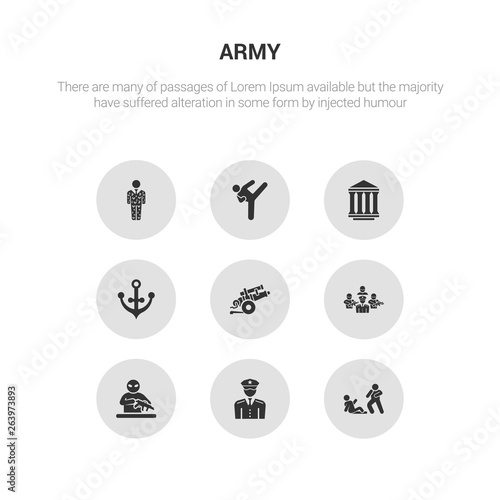 9 round vector icons such as assault, officer, guerrilla, brigade, artillery contains naval, federal agency, combat, conscription. assault, officer, icon3_, gray army icons