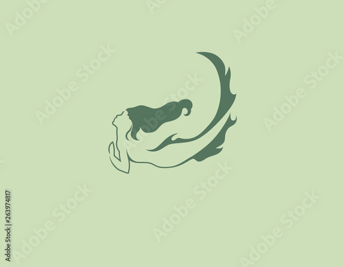 Creative green logo mermaid in water beauty