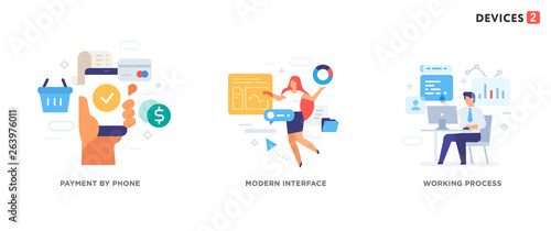 People use gadgets. set of icons, illustration. Smartphones tablets user interface social media.Flat illustration Icons infographics. Landing page site print poster. © turbodesign