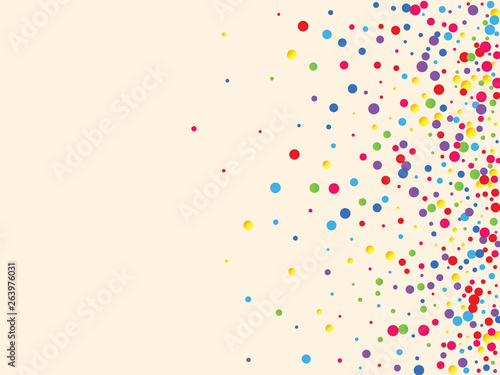 Festive background with multicolored confetti. Yellow, pink, blue circles but against a white background. Flying confetti.