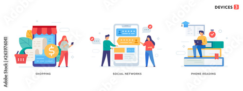 People use gadgets. set of icons, illustration. Smartphones tablets user interface social media.Flat illustration Icons infographics. Landing page site print poster.