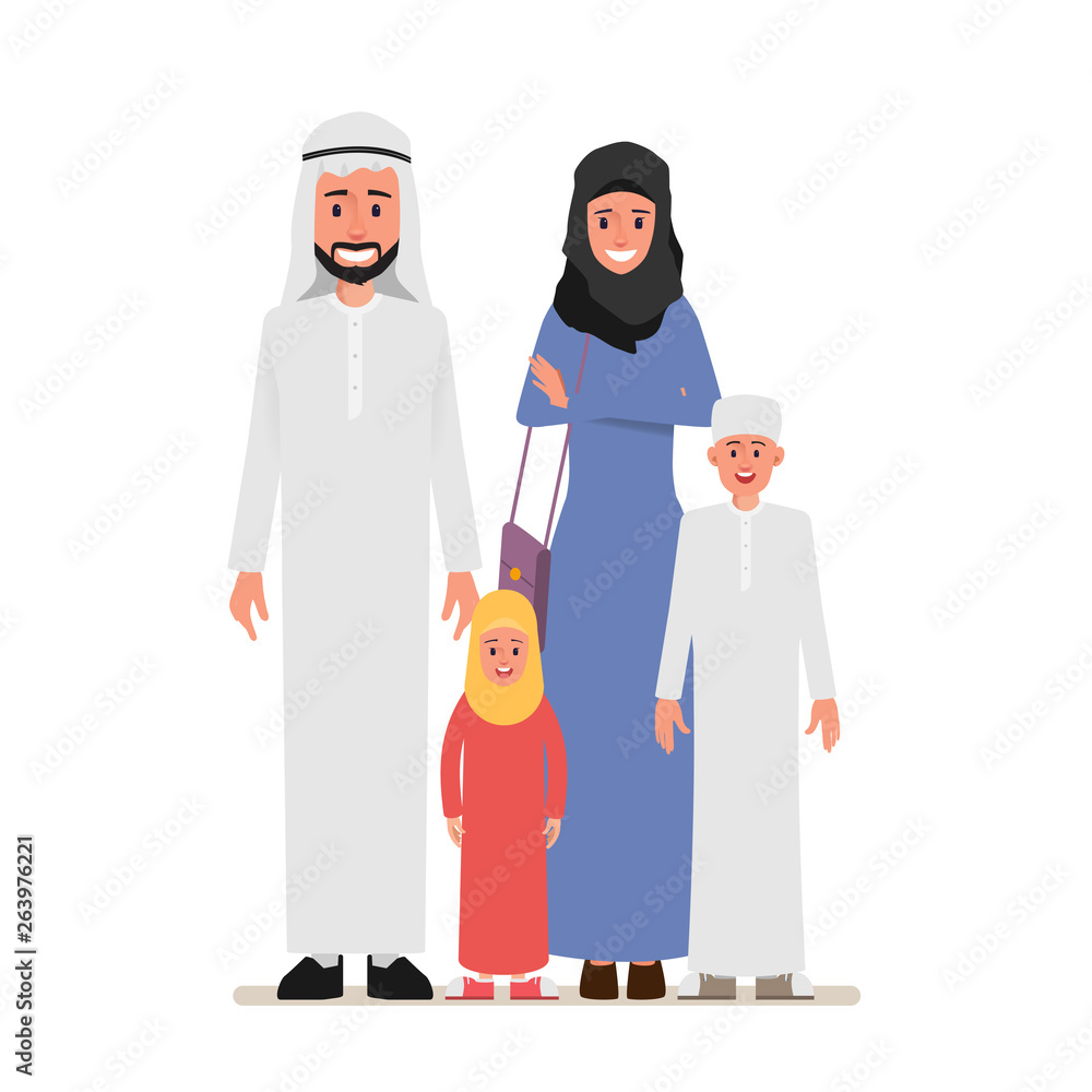 Arab family people character. People in national clothing hijab.