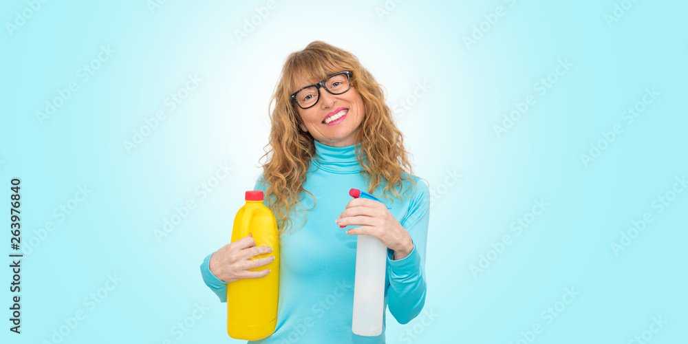 woman with isolated cleaning products woman with isolated cleaning products