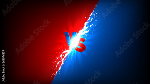 Versus icon with lightning effect. Vector illustration with bright thunderstorms and shining lightnings. VS symbol on dark blue and red background.