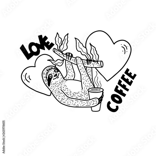 Smiling sloth nahging on a tree branch with a cup of coffee. Hand drawn, doodle style vector illustration