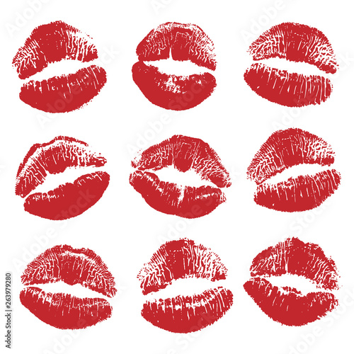 Print of red lips set. World kiss day  Valentine s day design elements. Vector illustration of womans girl red lipstick kiss mark isolated on white background.