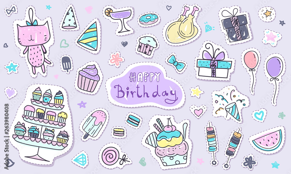 Cute happy birthday sticker collection in doodle style. Hand drawn kawaii  element in pastel color. Cute doodle clipart for scrapbook, birthday pary  card and print design. Stock Vector
