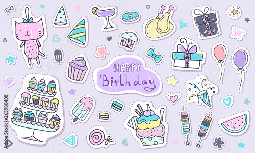 Cute happy birthday sticker collection in doodle style. Hand drawn kawaii element in pastel color. Cute doodle clipart for scrapbook, birthday pary card and print design.