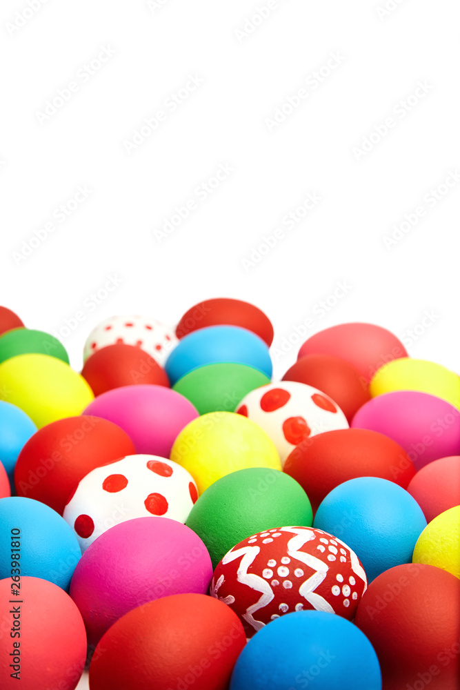 Colorful Easter eggs on white background. Christian holiday tradition Colorful Easter eggs on white background. Christian holiday tradition