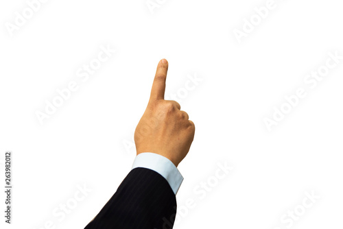 businessperson hand pointing on white background