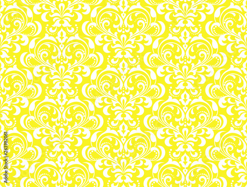 Wallpaper in the style of Baroque. Seamless vector background. White and yellow floral ornament. Graphic pattern for fabric, wallpaper, packaging. Ornate Damask flower ornament