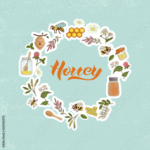 Vector colored set of honey elements framed in circle. Natural organic honey vector banner with lettering. Colorful honey stickers collection isolated on textured background.