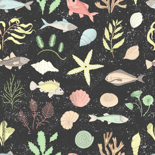 Vector colored seamless pattern of sea shells, fish, seaweeds isolated on black textured background. Colorful repeating marine background. Underwater vintage illustration