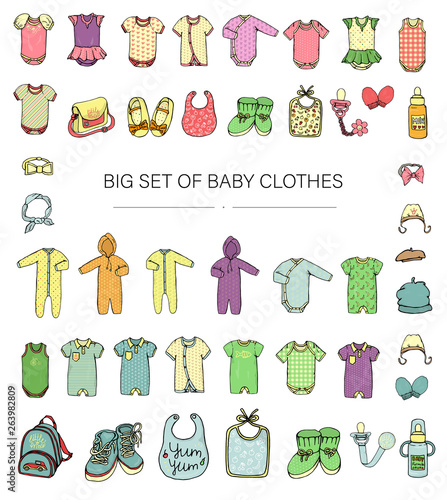 Vector illustration of baby clothes. Baby boy and girl clothes set. Children fashion set. Stylish clothes and accessories for kids isolated on white background