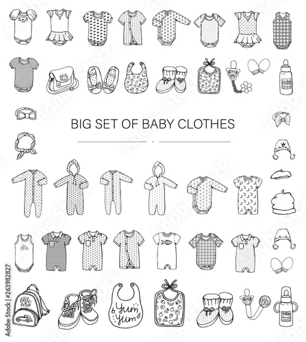 Vector black and white illustration of baby clothes. Baby boy and girl clothes set. Children fashion set. Stylish clothes and accessories for kids isolated on white background.