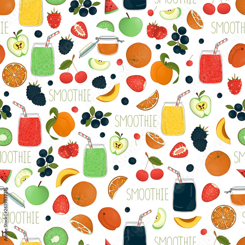 Vector seamless patter of colorful fruit and berry smoothies in glass jars with fruit and berries. Repeat background of fresh organic vegetarian food isolated on white background