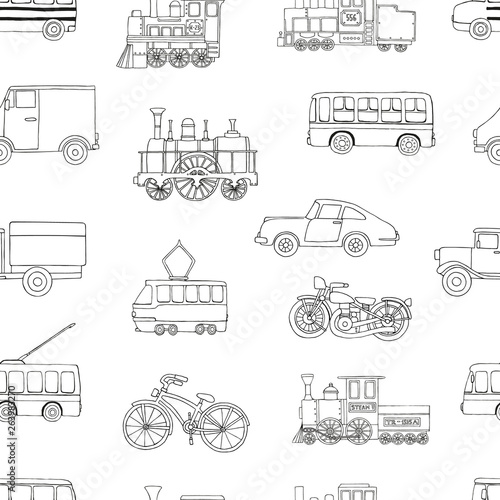 Vector black and white seamless pattern of retro engines and transport. Vector repeat background of vintage trains bus, tram, trolleybus, car, bicycle, bike, van, truck isolated on white background.
