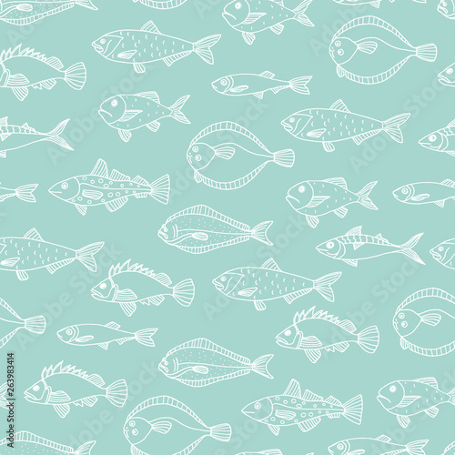 Vector seamless pattern of white fish outlines isolated on blue background. Repeating background with halibut, rock-fish, mackerel, herring. Underwater vintage illustration
