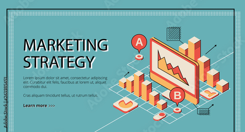 Marketing strategy landing page on retro colored background. Tablet screen with database diagram graph and column chart. Busines analytics data, audit. Isometric vector illustration, line art, banner.