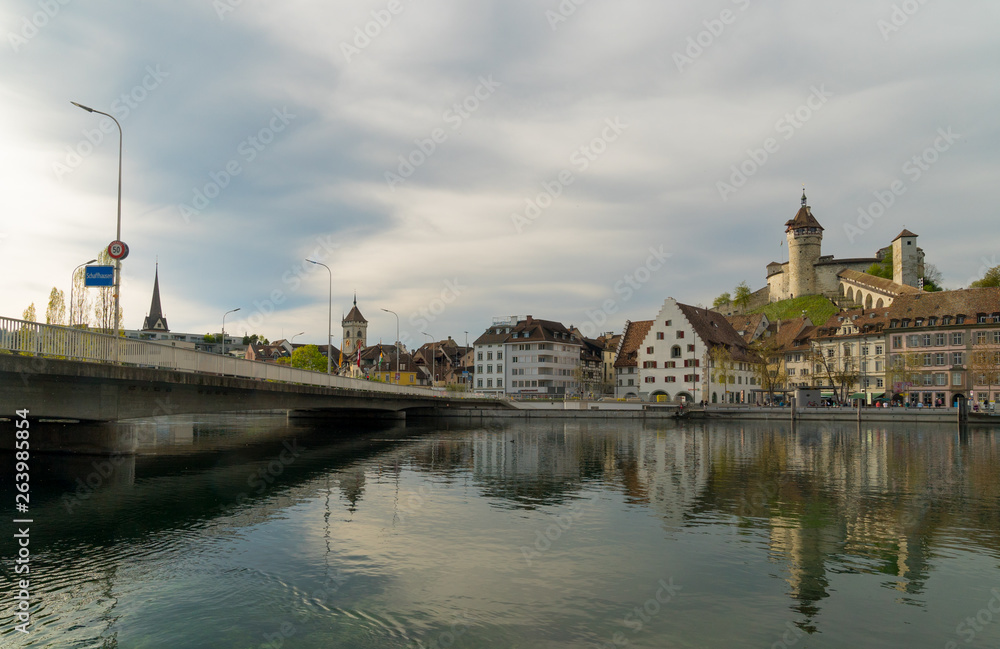 view of the city of Schaffhausen in northeastern Switzerland with the bridge across the Rhine