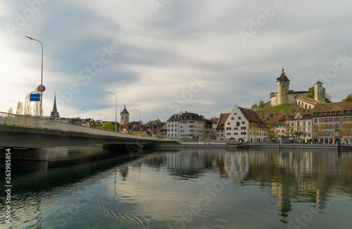 view of the city of Schaffhausen in northeastern Switzerland with the bridge across the Rhine