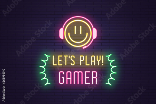 Neon composition of headline Lets Play Gamer. Art