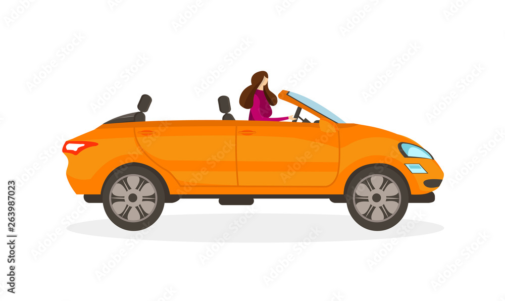 Girl in Red Dress Driving Orange Convertible Car.