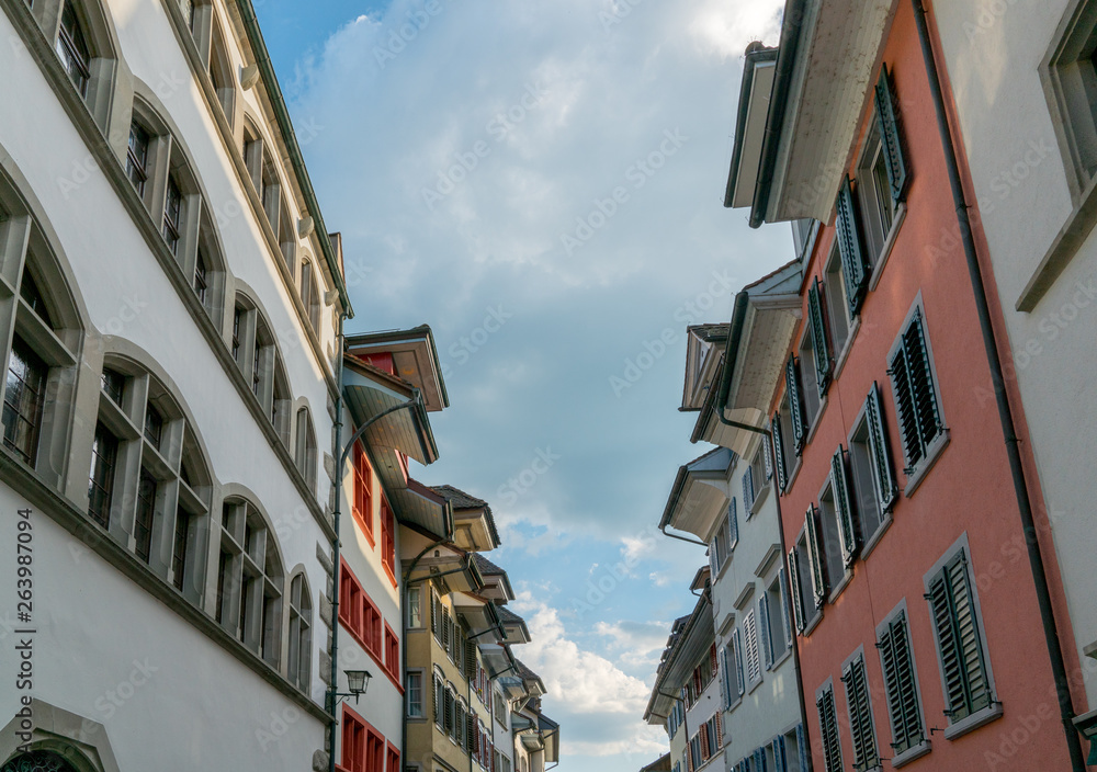 the historic old city of Zug in Switzerland with ist colorful bourgeoisie houses and narrow streets