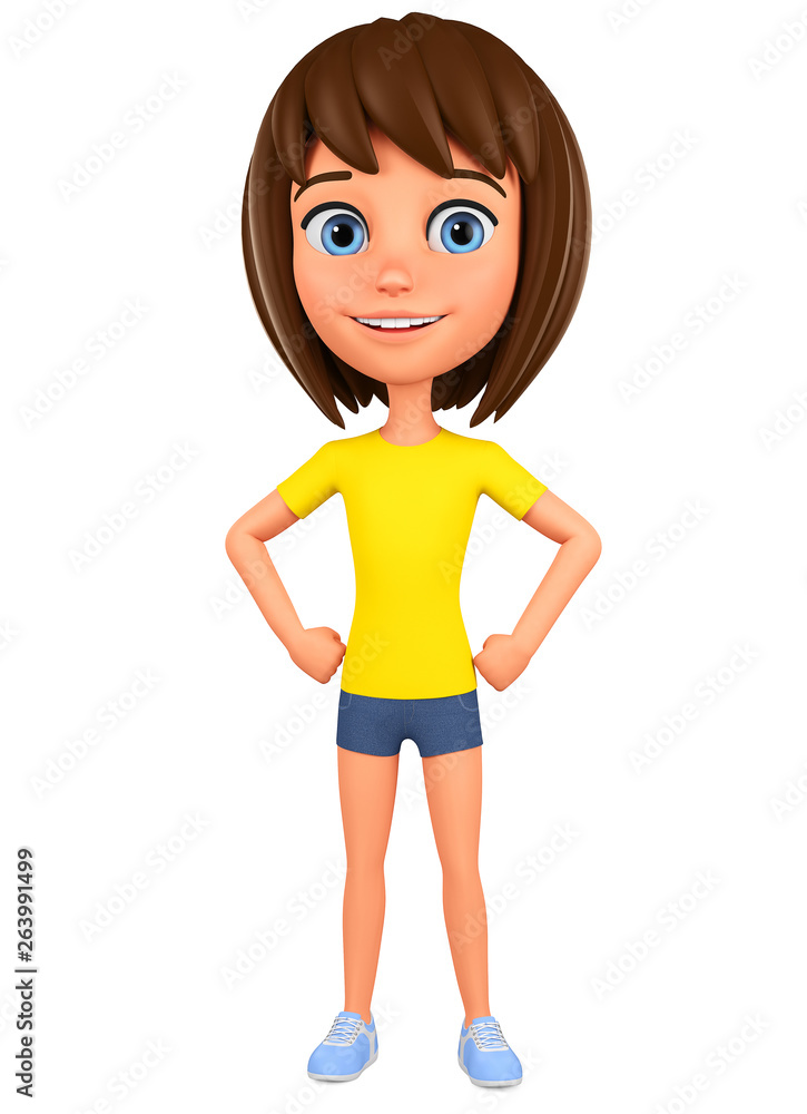 Character cartoon girl on a white background. 3d rendering. Illustration for advertising. Character cartoon girl on a white background. 3d rendering. Illustration for advertising.