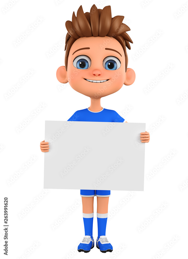 Cartoon character boy in sportswear holding blank board. 3d render illustration. Cartoon character boy in sportswear holding blank board. 3d render illustration.
