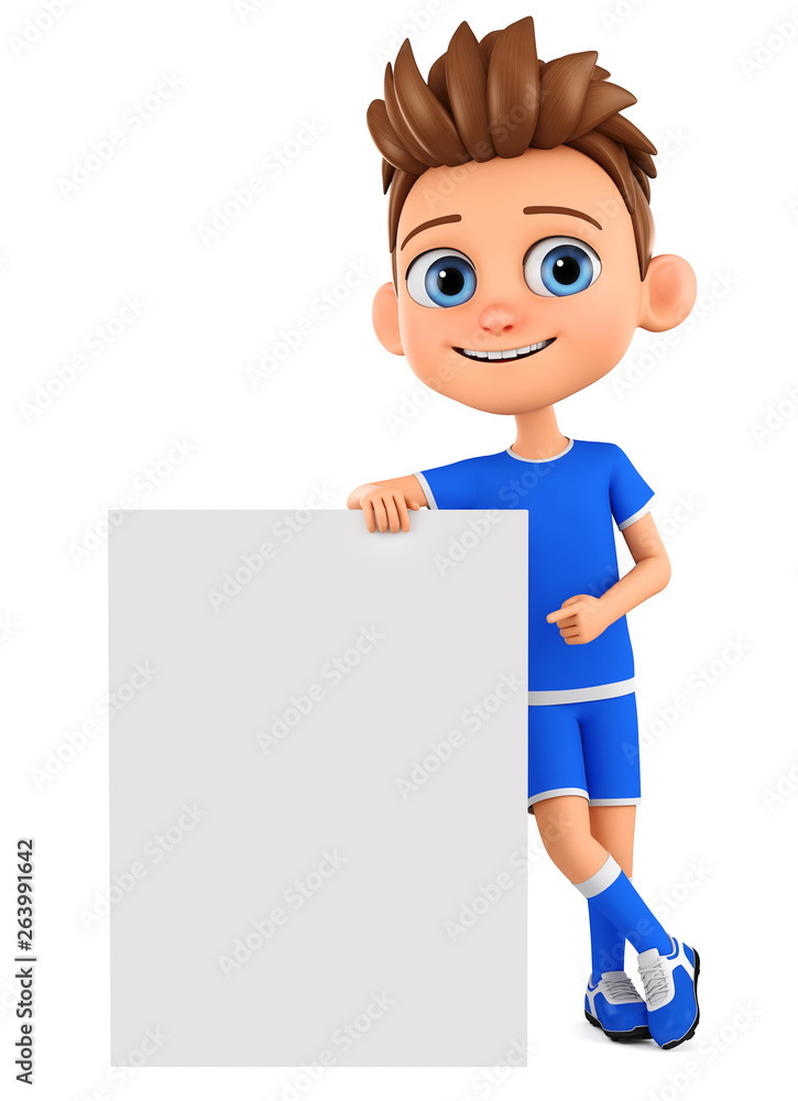 Cartoon character boy in sports uniform points to an empty board. 3d render illustration. Cartoon character boy in sports uniform points to an empty board. 3d render illustration.